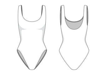 Vector fashion technical drawing of a basic one piece swimsuit with front and back view. Polyester fabric.
