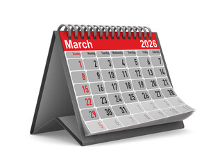 2026 year. Calendar for March. Isolated 3D illustration