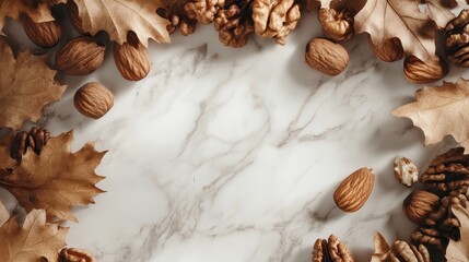 A captivating autumn composition featuring a variety of nuts and leaves beautifully arranged on a textured marble surface, celebrating the season's harvest.