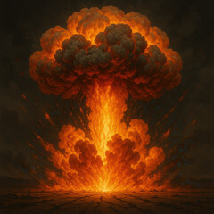 Fiery explosion with towering mushroom cloud rising over cracked ground representing nuclear detonation extreme destruction and apocalyptic force