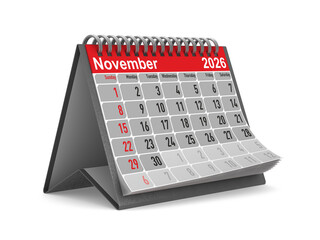 2026 year. Calendar for November. Isolated 3D illustration
