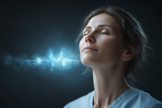 Calm woman with closed eyes, holographic heartbeat line serene expression, healthcare relaxation futuristic medical technology