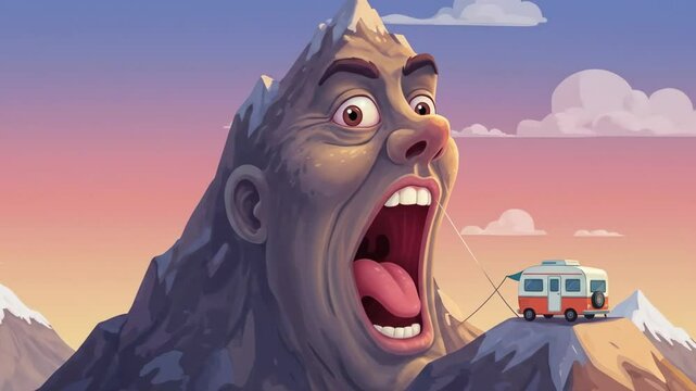 Cartoon mountain face with open mouth and camper van illustration