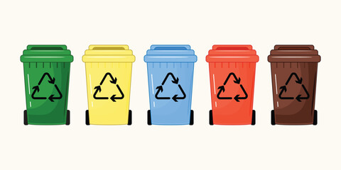 Colorful recycle containers row, vector garbage bins for paper, glass, plastic, metal, organic, eco waste management