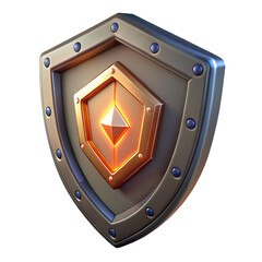 Shiny 3d rendered shield design with gold embellishments and rivets on a white background