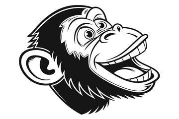 A monochrome monkey head roars in an extreme close up with a wide smile