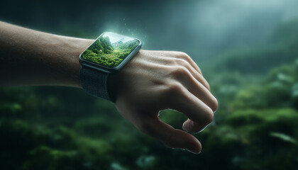 Smartwatch wearable technology navigation forest nature augmented reality outdoor digital adventure futuristic innovation green landscape hand