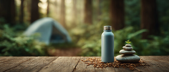 Stainless steel water bottle stacked stones wooden table forest tent wellness camp nature relaxation peaceful