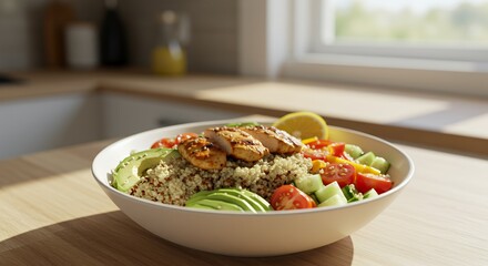 Sunlit Quinoa Bowl with Grilled Chicken and Fresh Vegetables: A Healthy and Vibrant Meal Ready to Enjoy