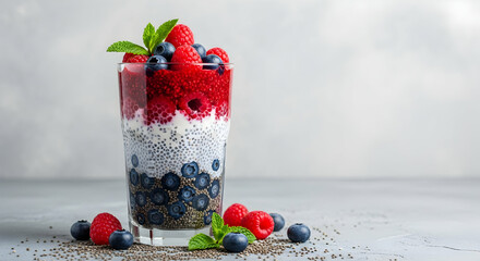 Delicious layered berry smoothie with fresh raspberries and blueberries garnished with mint leaves in a clear glass