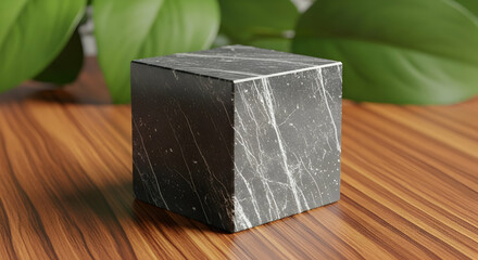 Stylish black marble cube on a wooden surface with green foliage background
