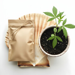 Herbal Plant in Pot with Cannabis Leaves and Eco-Friendly Packaging on Natural Background