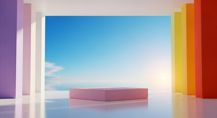 Bright Modern Interior with Colorful Walls and a Blue Sky View