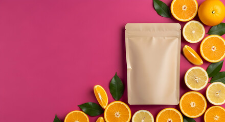 Fresh Citrus Fruits and Empty Bag on Bright Pink Background for Healthy Snacks or Juices