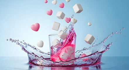 Creative Splash of Water with Floating Hearts and Cubes for Love and Celebration