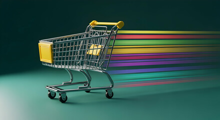 Colorful Shopping Cart with Vibrant Rainbow Motion Effect on Dark Green Background