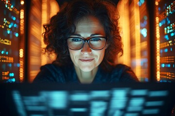 A smiling widely caucasian midlife woman with dark hair wearing looks at the computer display. Background is a dark room with nodes. Creative of female computer expert, machine learning.