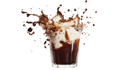 A glass of coffee with a splash of milk and a splash of ice