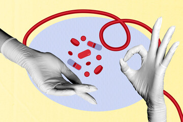 Template poster trend 3D photo collage of doctor prescription care treatment practitioner hand...