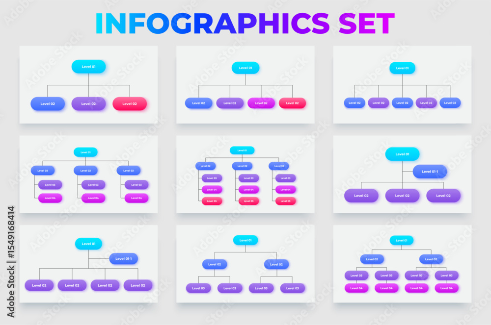 Poster collection of colorful organizational chart infographics in various styles and arrangements