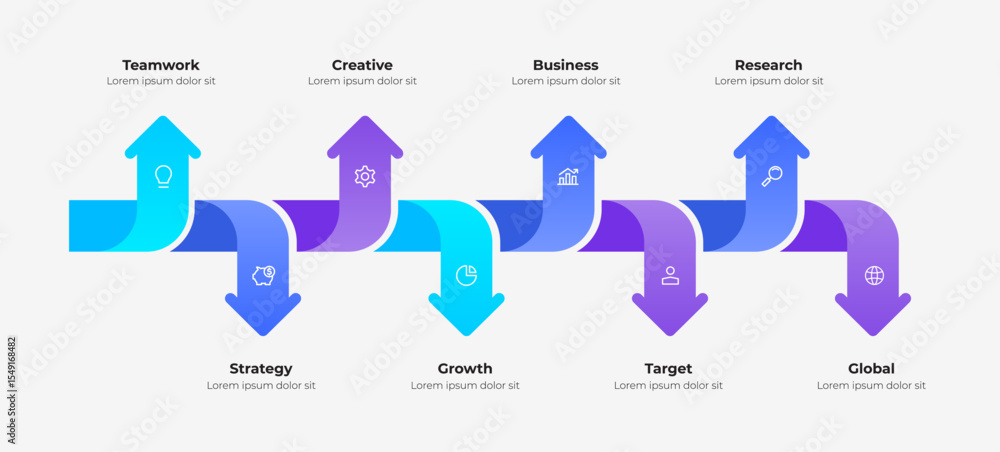 Poster stylized infographic design illustrating business concepts, including strategy, growth, and teamwork