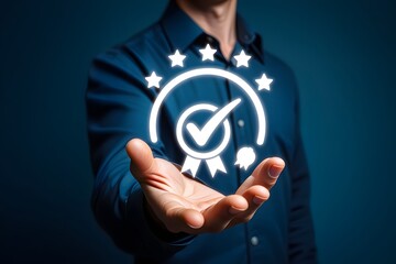 business people showing ideas warranty, international standard, ISO quality certification and quality guarantee mark, Excellent accreditation in the industry, Certified product symbol
