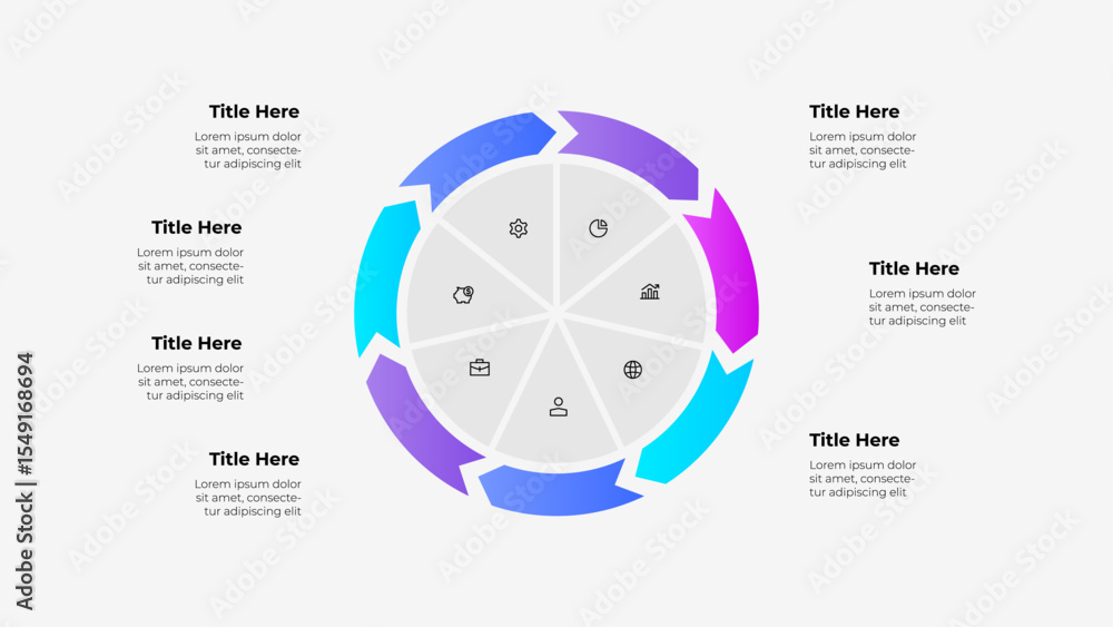 Poster circular diagram with 7 arrows and icons presents organized infographic data. accompanied by placeho