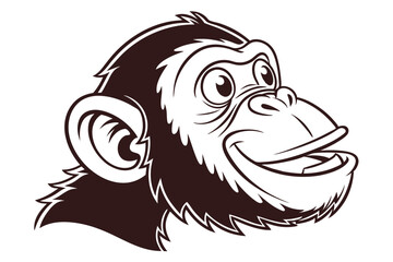 Cartoon chimpanzee head is smiling with its mouth open, expressing happiness, and cheerfulness