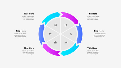 Circular infographic with 6 arrows and central icons, ideal for professional presentations, data visualization, and business strategies, enhancing clarity and effective communication.