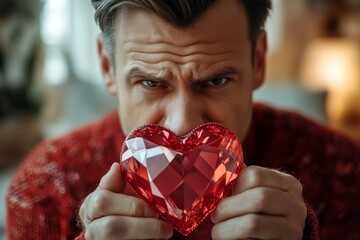 A diamond heart in hands is a gift. A cute valentine's day greeting from furious face midlife man. February 14th love. Love and laughter. Sweet home valentine. Red heart drawing. Red heart.