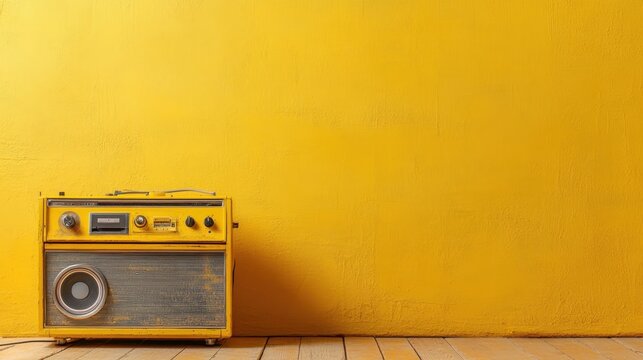 A classic yellow radio sitting against a bold yellow wall, showcasing retro design and nostalgic vibes that evoke memories of earlier times and personal stories.