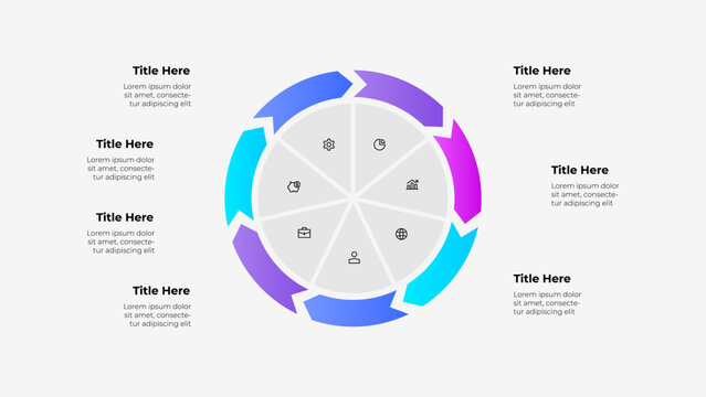 Circular diagram with 7 arrows and icons presents organized infographic data. Accompanied by placeholder text titles, suitable for business flowcharts, data visualization, or team presentations