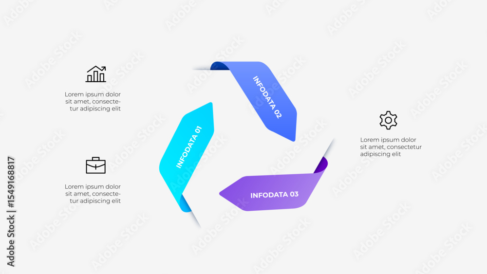 Leinwandbilder Three step infographic displaying business icons and information panels, suitable for presentations and reports. Featuring clean design and vibrant gradients for visually appealing data visualization