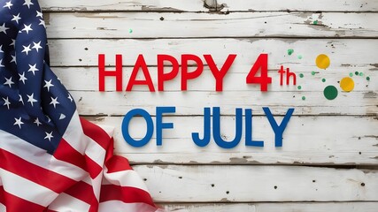 Happy 4th of July! Patriotic Celebration, flag on wooden table, Happy independence day.