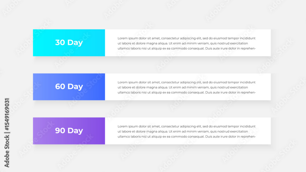 Poster illustration of three designed banners in a sequence depicting 30, 60, and 90 day options. each pane