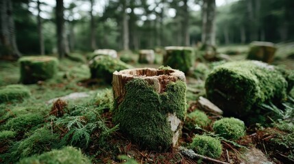 Obraz premium A close-up view of moss-covered tree stumps amidst lush greenery in a tranquil forest, demonstrating the beauty of nature's reclamation and the passage of time.