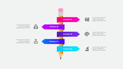 Pencil infographic with step markers and icons, ideal for presentations and educational materials. Bright colors and clean design elements emphasize clarity and attractiveness in information display
