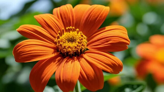 Close-up of an vibrant orange Tithonia flower with yellow center and bright petals, against a leafy green background.