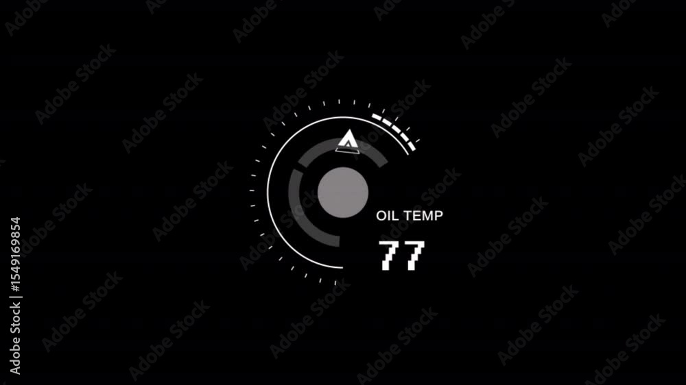 Poster animated oil temperature gauge with rising needle and digital display on black background.alpha chan