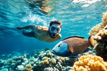 Deadly underwater creatures. Encounter with dangerous reef dweller while snorkeling. Aggressive triggerfish and extreme surprise adult man swims among the corals. Dangerous deep-sea creature.
