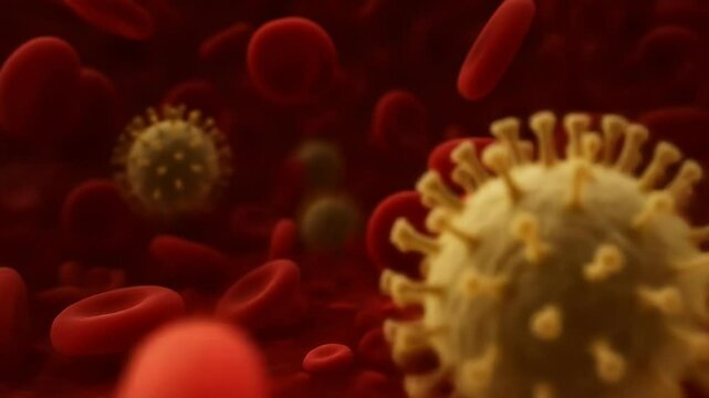 Microscopic View of Measles Virus in the Bloodstream Scientific 3D Animation.