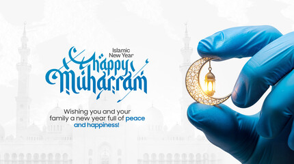Happy Islamic New Year Poster Design. Happy Muharram Template. Ashura Day. Crescent with medical...