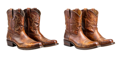  Pair of Weathered Western Cowboy Boots with Scuffed Leather Finish, isolated on transparent background PNG