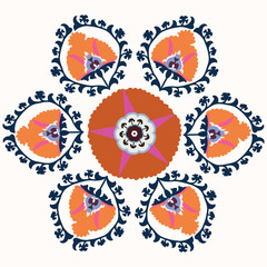 Circle shape suzani pattern - traditional art object in Uzbekistan. Digital patterns for textiles and fabrics. Uzbekistan culture