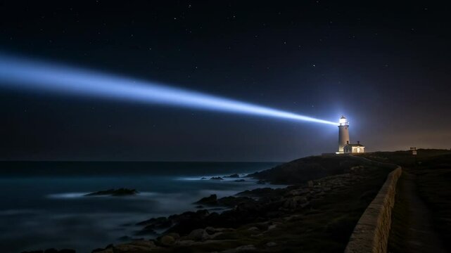 Coastal lighthouse at night beaming light over the calm sea