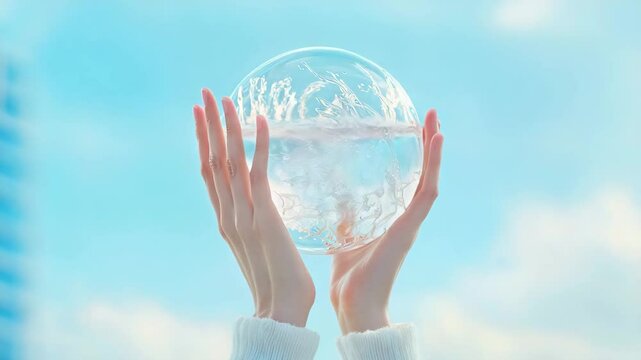 Environmental conservation, eco friendly and ozone concept. Delicate hands hold a clear, glass-like sphere with abstract frosty textures against a bright blue sky background.