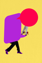 Vertical banner image art collage of bodyless human stand legs bubble communication icon speech...