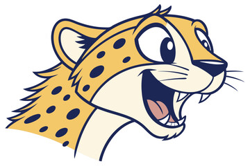Cheerful cartoon cheetah head looking upward with an open mouth seems excited and playful