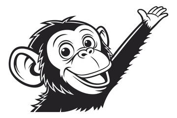 Black and white monkey illustration joyfully raises an arm, smiling broadly in a welcoming gesture