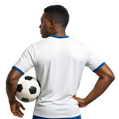 A young man, viewed from behind, holds a soccer ball, ready for the game.